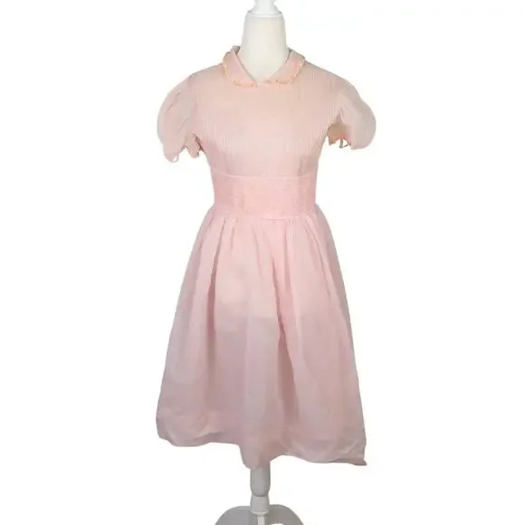 Vintage 50s JW Robinson Youngland Nylon Sheer Pink Peter Pan Collar Party Dress - Picture 1 of 8